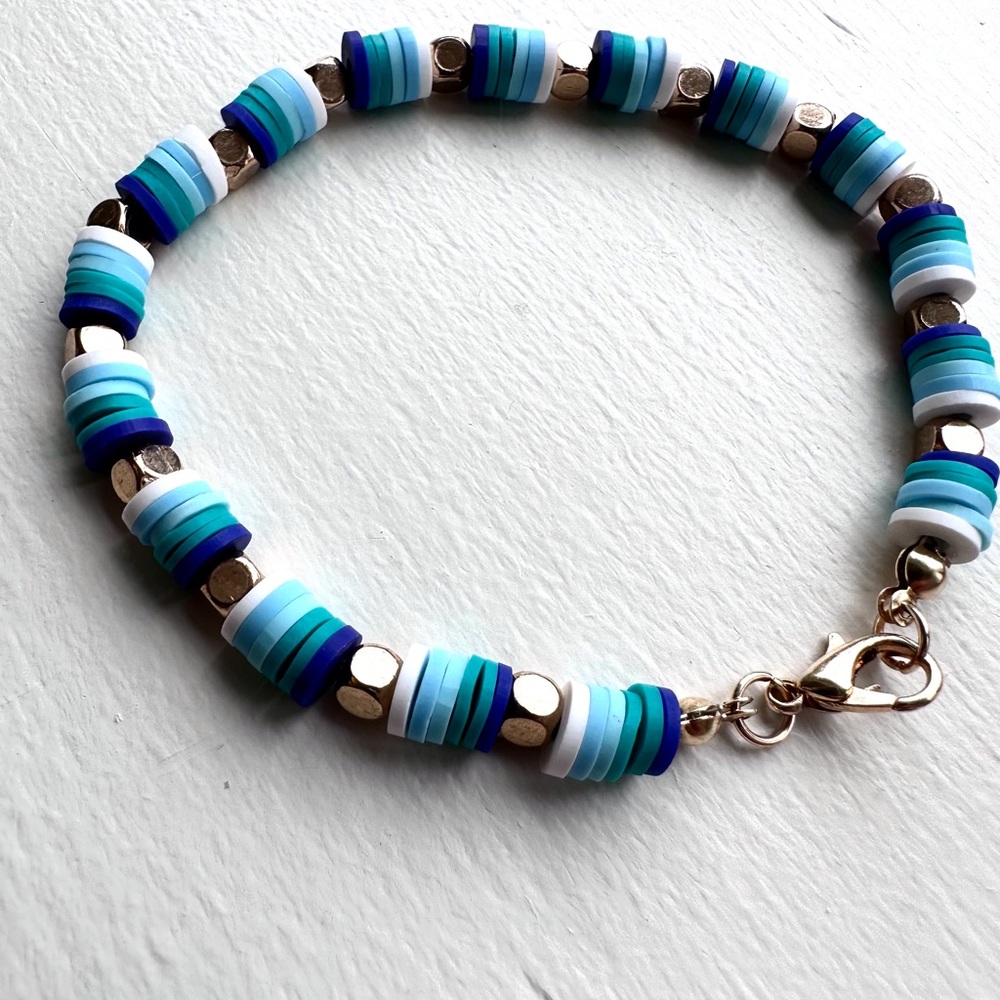 Handmade braclet made with clay beads Blue aqua white Gold tone beads Bohemian